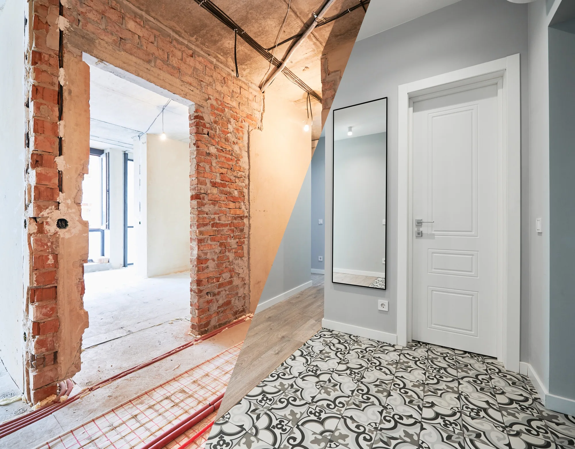 Apartment with doors before and after renovation.